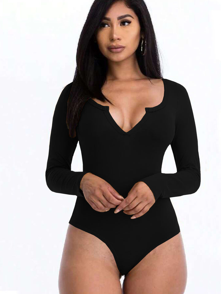 Black Full Sleeved Scoop V-Neck Bodysuit