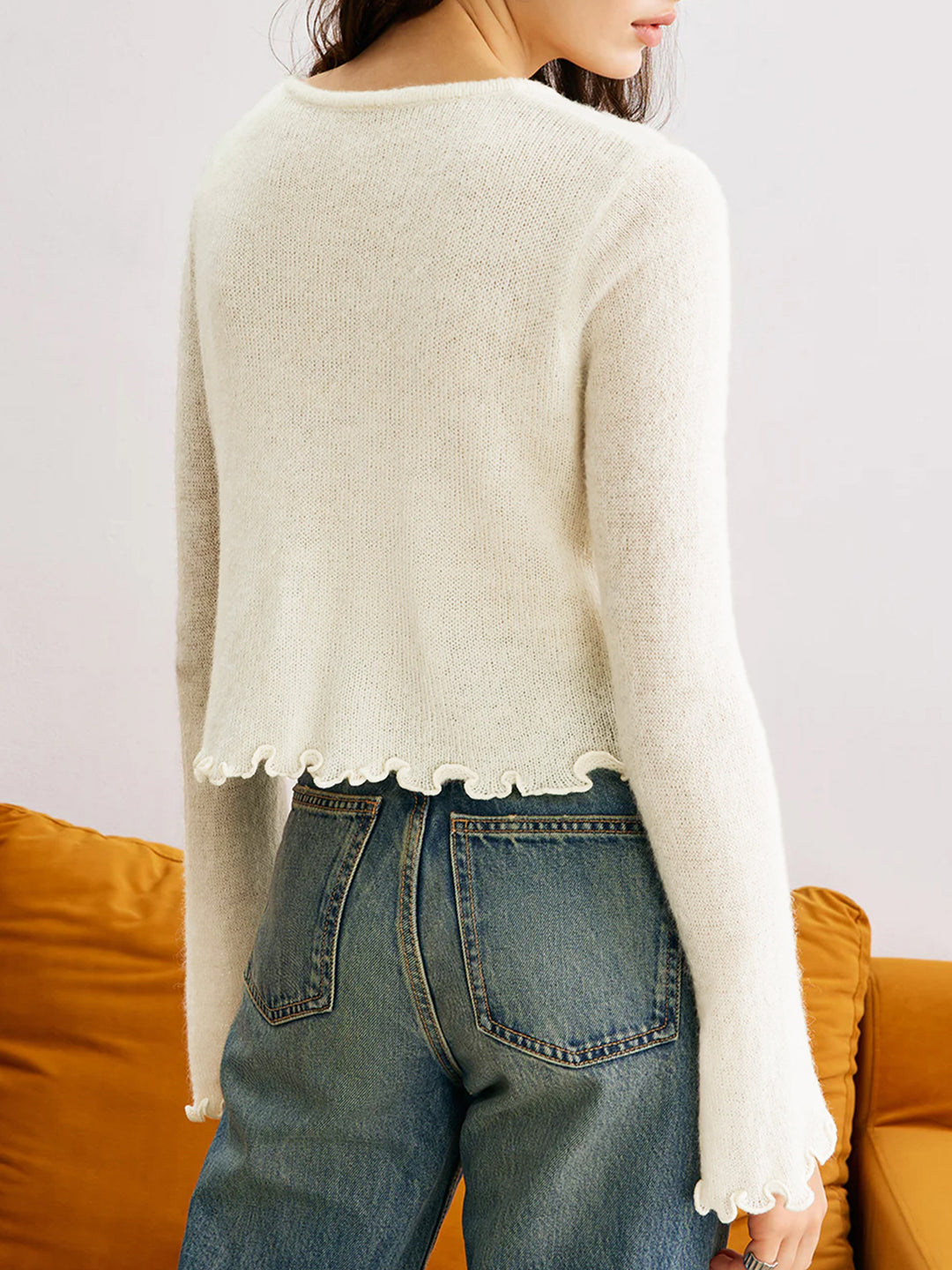 Off White Full Sleeves Flower Button  Solid Cardigan