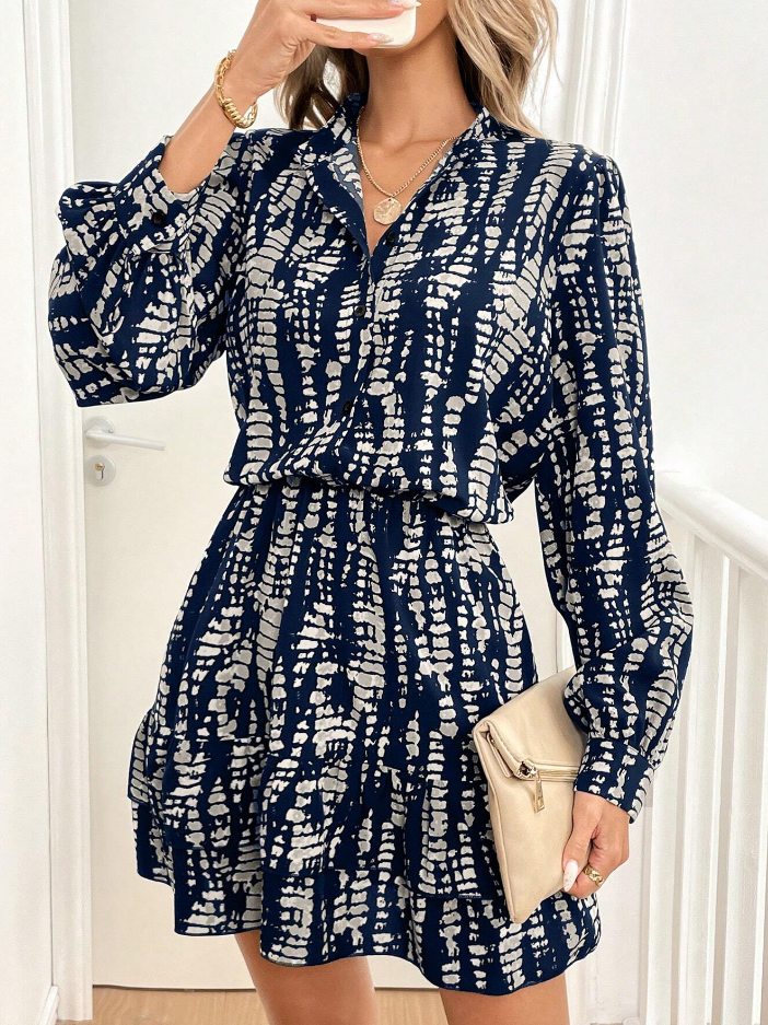 Navy Printed Cinched At Waist Mini Dress