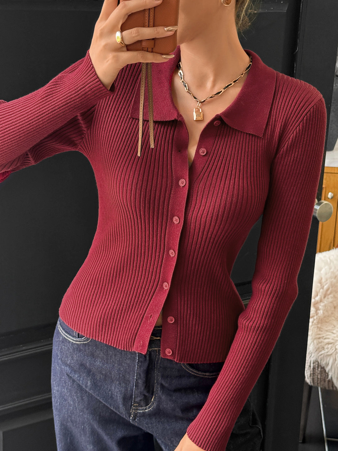 Maroon Full Sleeve Collared Neck Front Buttoned Top