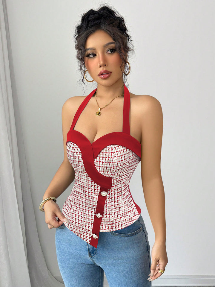 Red Halter Neck Asymmetrical Top