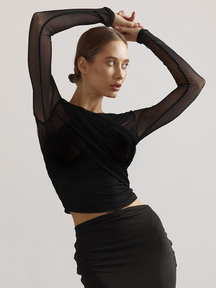 Black Cross-Wrap Ruched Long-Sleeve Top