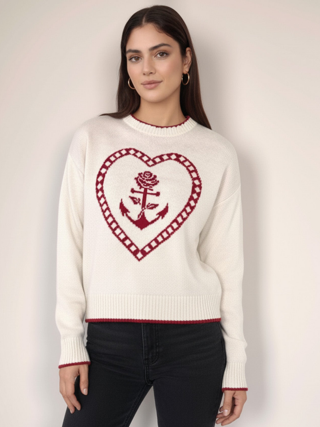 White Contrast Stitch Hem And Neck With Graphic Sweater