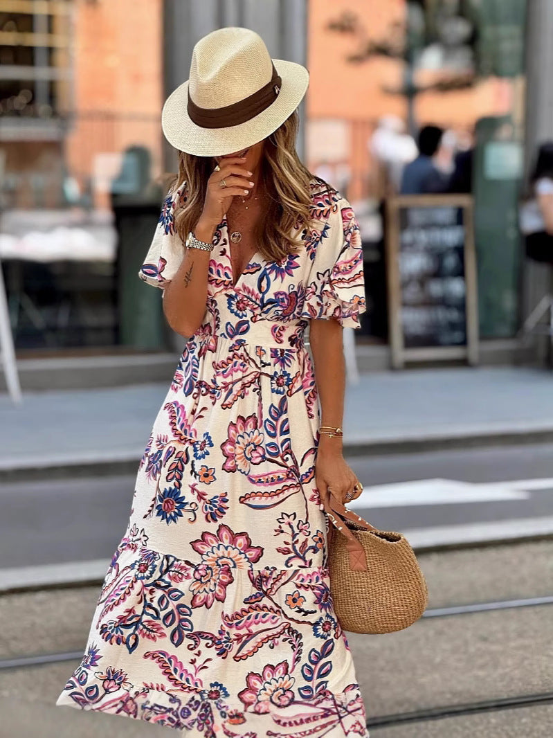 Multi Short Sleeve V-Neck Printed Dress