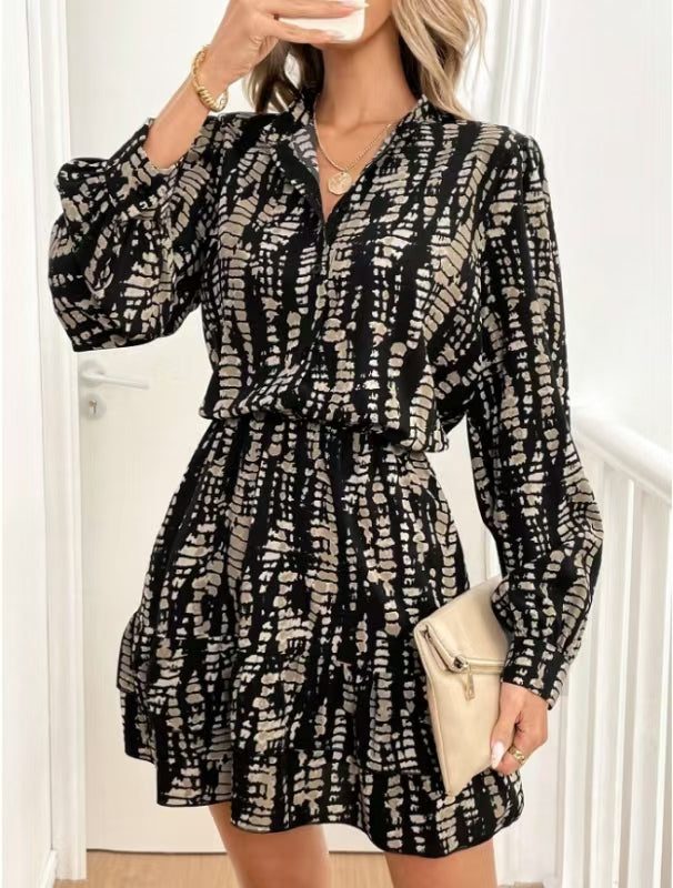 Black Printed Cinched At Waist Mini Dress