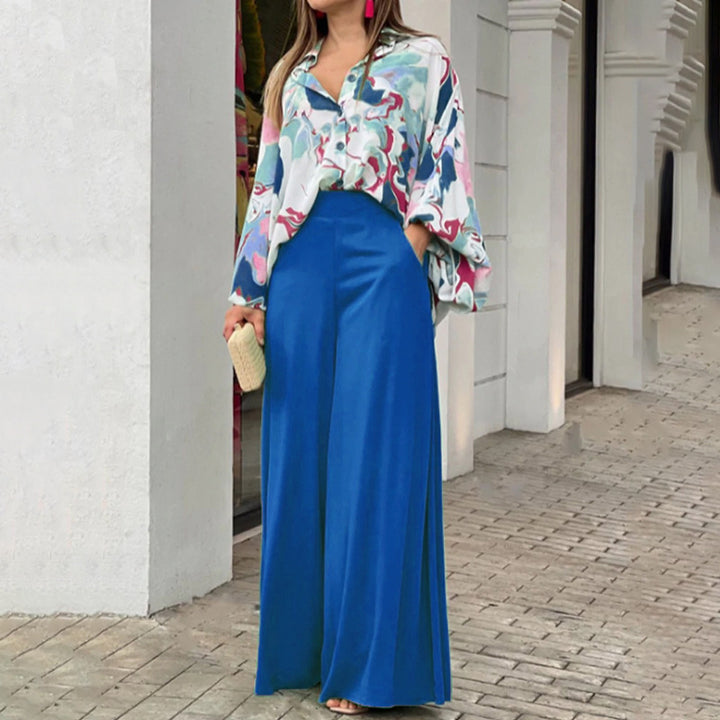 Blue Printed Shirt And Solid Wide Leg Trouser Co-Ord Set