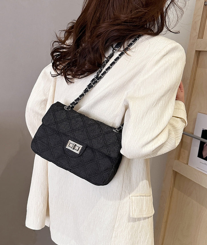 Black Quilted Denim Chain Flap Bag