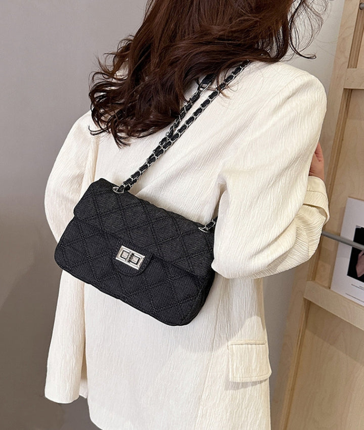 Black Quilted Denim Chain Flap Bag