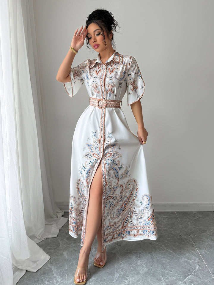 White Button Down Printed Shirt Dress