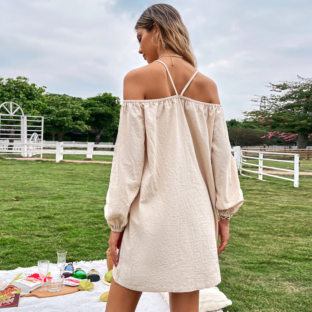 Khaki  Cold Shoulder Bishop Sleeve Dress