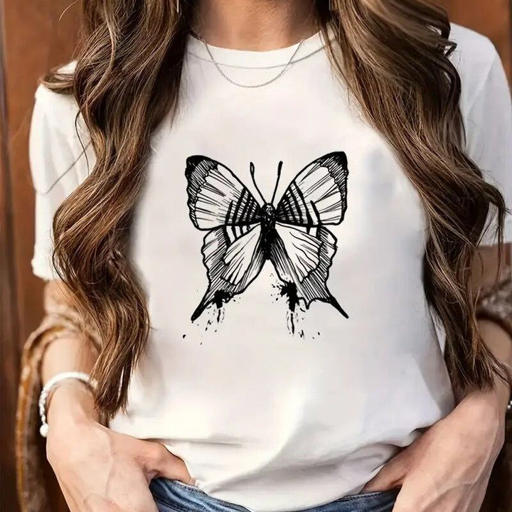 White Butterfly Chest Print Graphic Tshirt