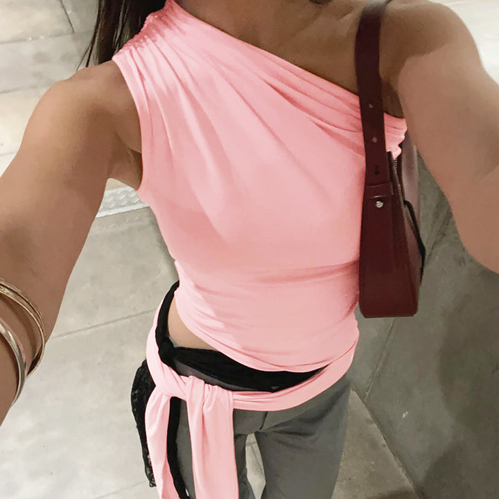 Pink Lace Up Single Shoulder Top
