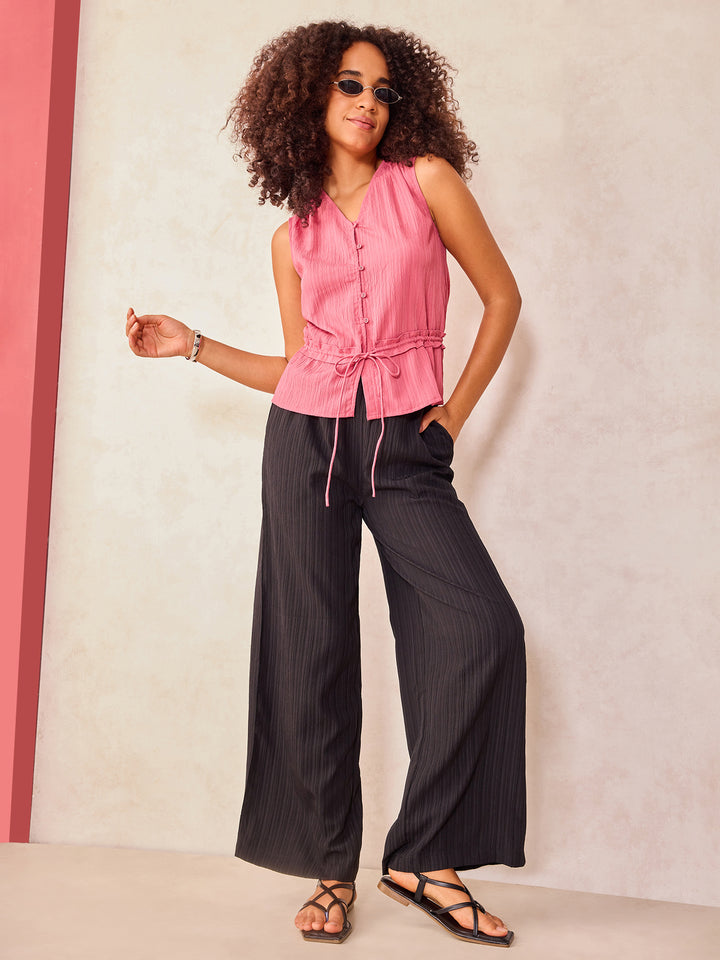 Pink Textured Top With Waist Detail