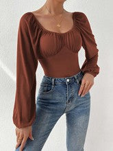 Brown Full Sleeved Scoop Neck Bodysuit