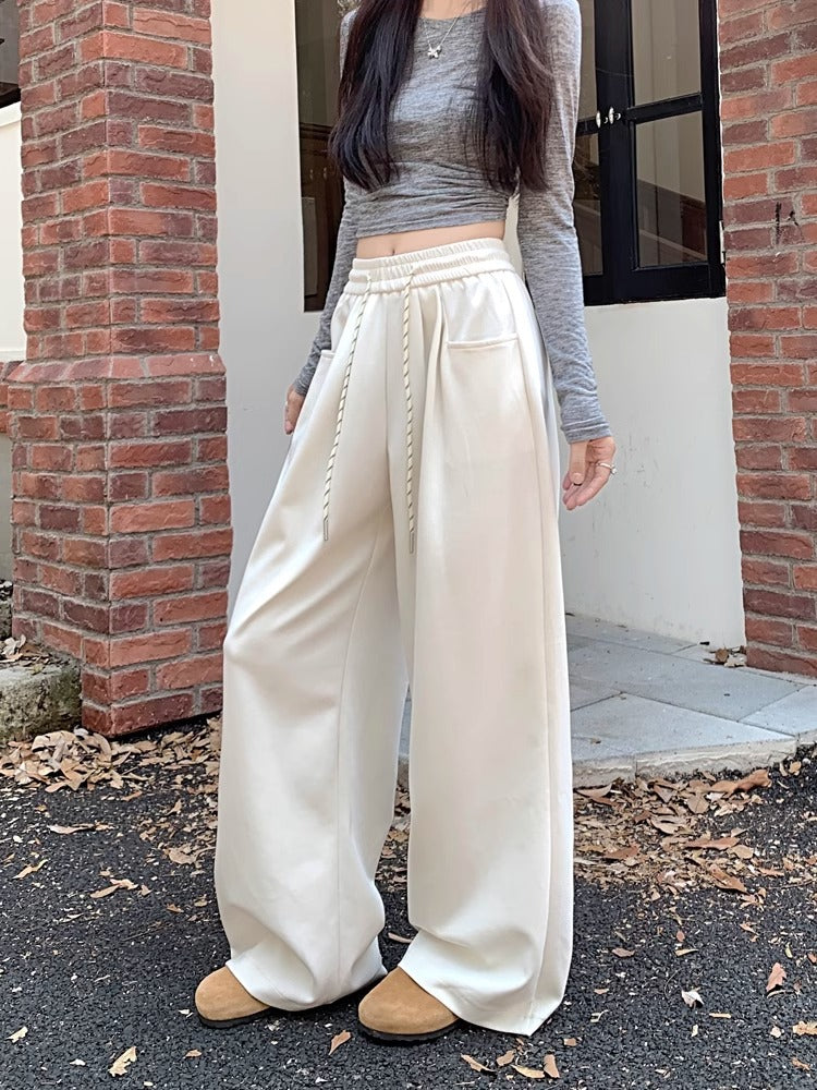 Cream High Waist Attached Drawstring Pant