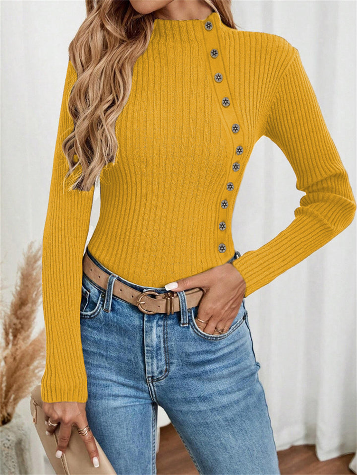 Yellow Full Sleeve Button Trim Fitted Sweaters