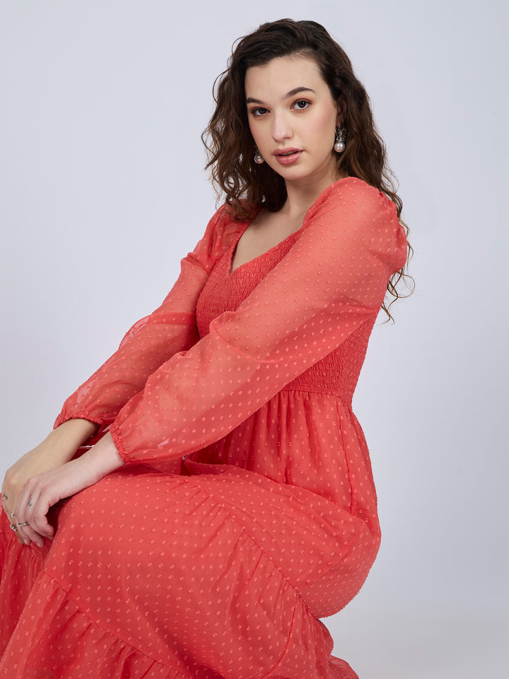 Coral Tiered Midi Dress