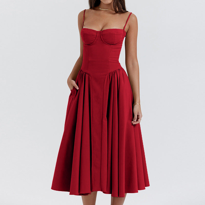 Red Fit And Flare Midi Length Jacquard Dress