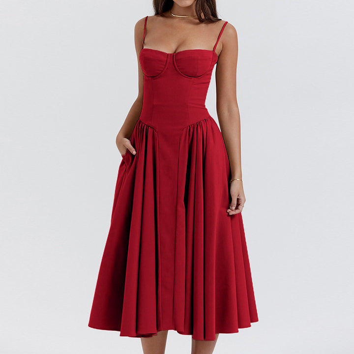 Red Fit And Flare Midi Length Jacquard Dress