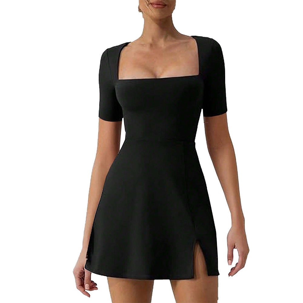 Black Square Neck Slit Dress