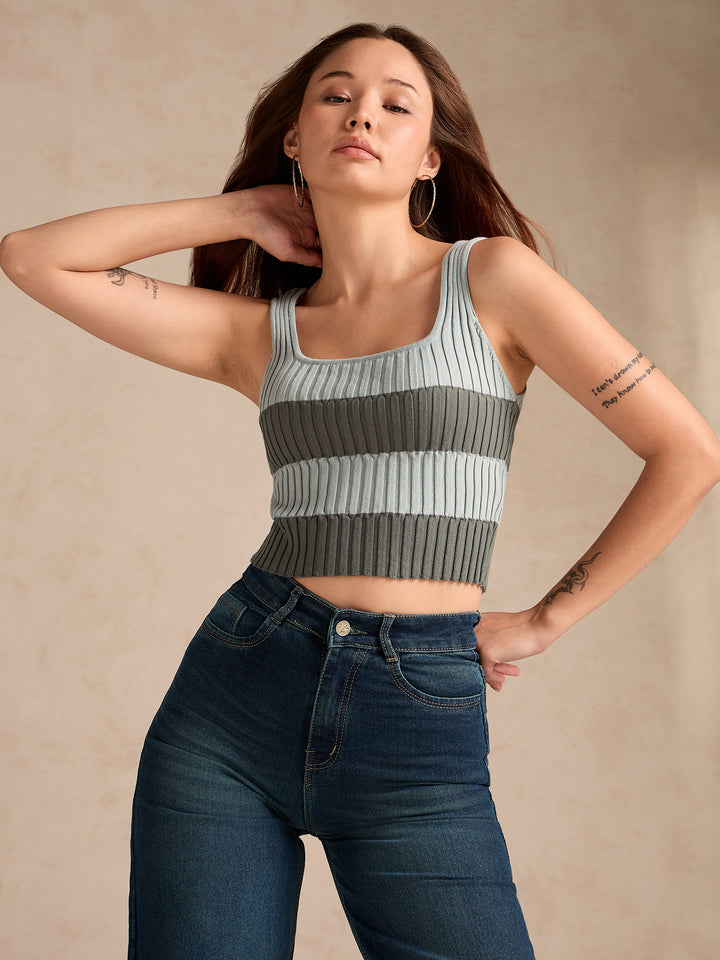 Grey Square Neck Flat Knit Tank