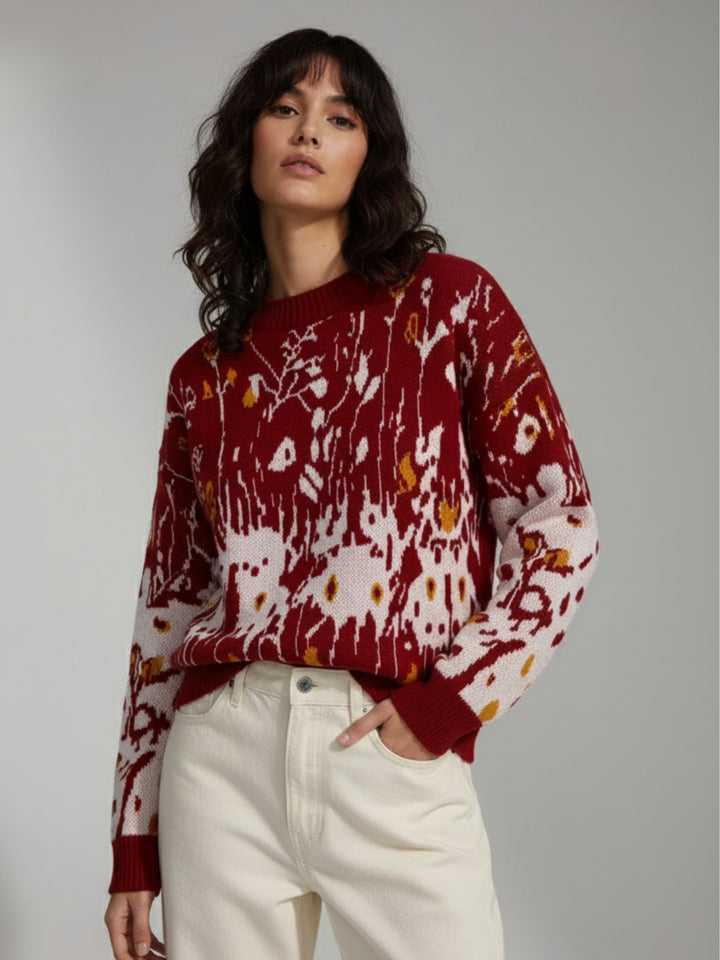Red All Over Floral Printded Sweater