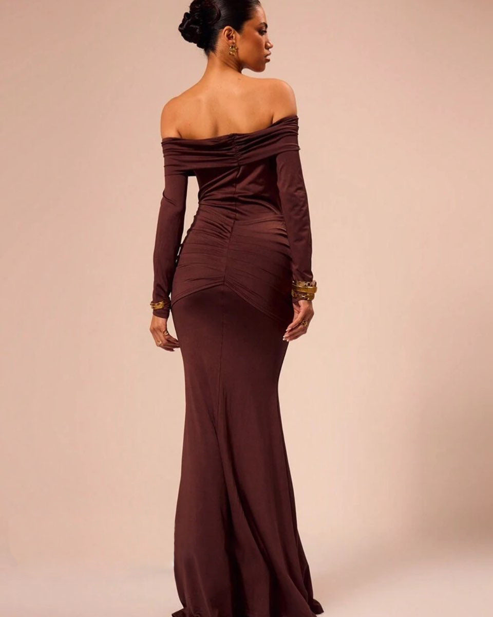 Red Off-Shoulder Maxi Dress With Metal Buckle