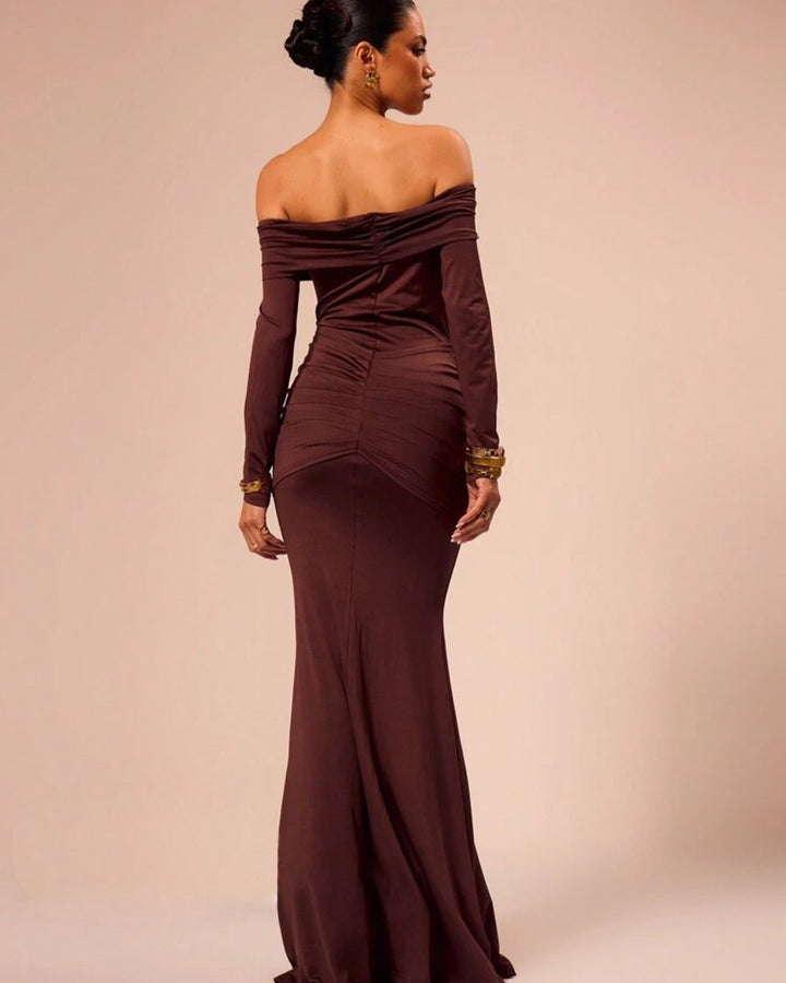 Red Off-Shoulder Maxi Dress With Metal Buckle
