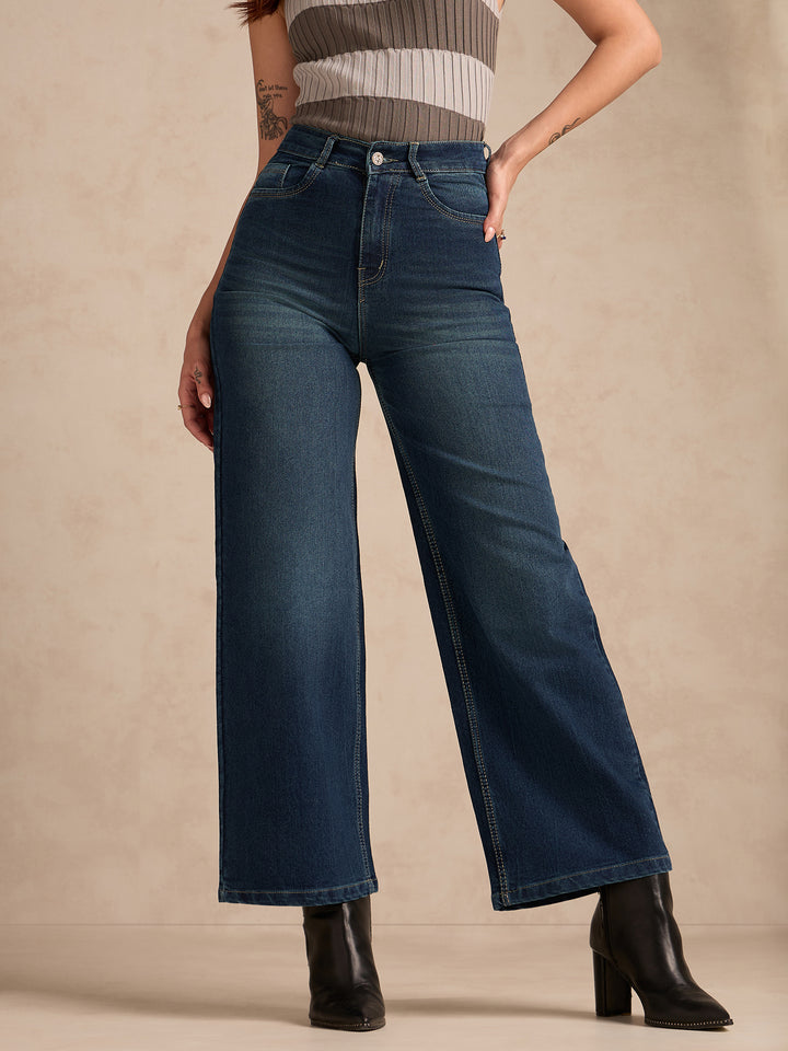 Blue Jean Flared High-Rise Low Distress Heavy Fade Stretchable Jeans