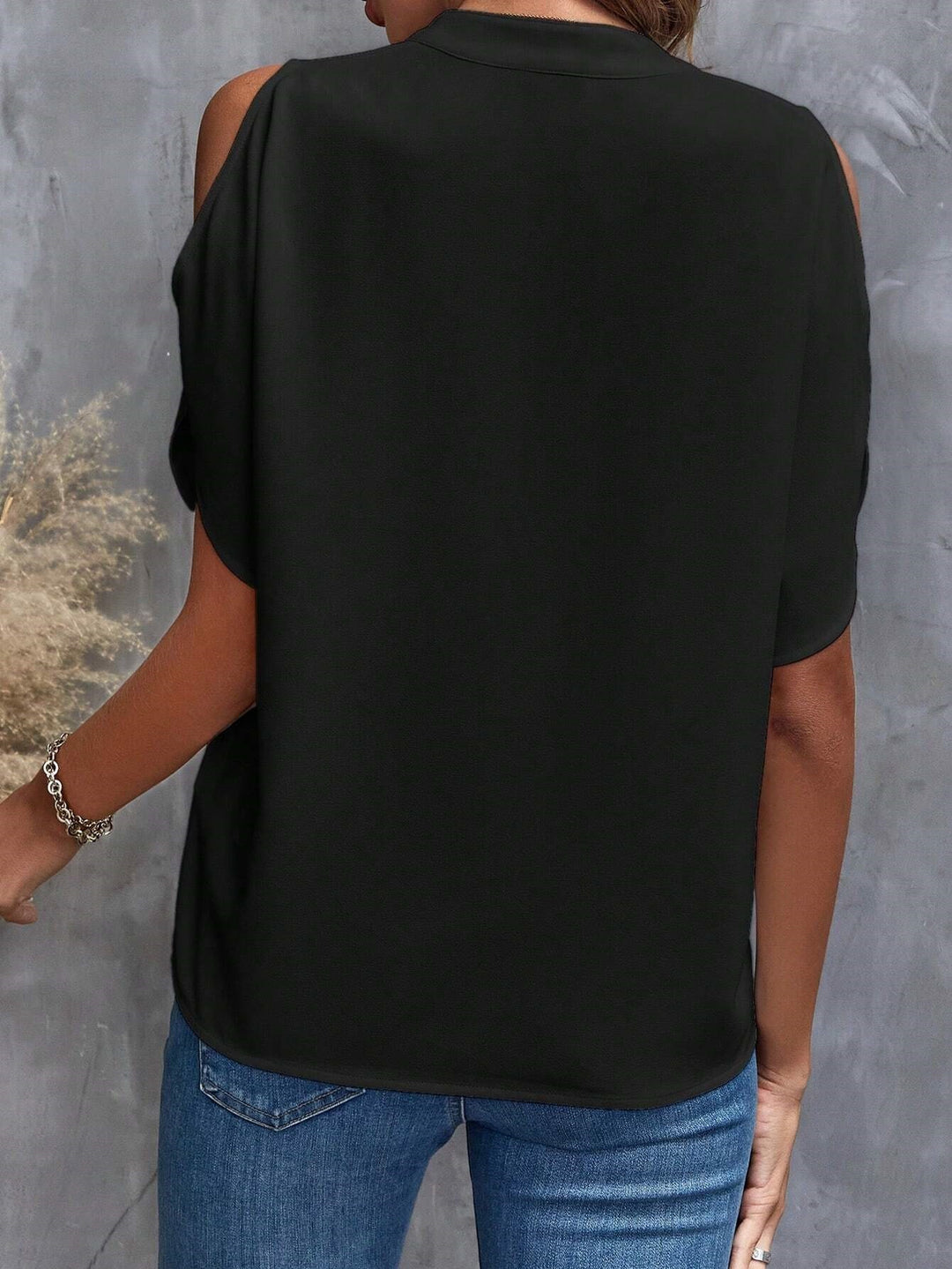 Black Mandarin Collar Cold Shoulder Top