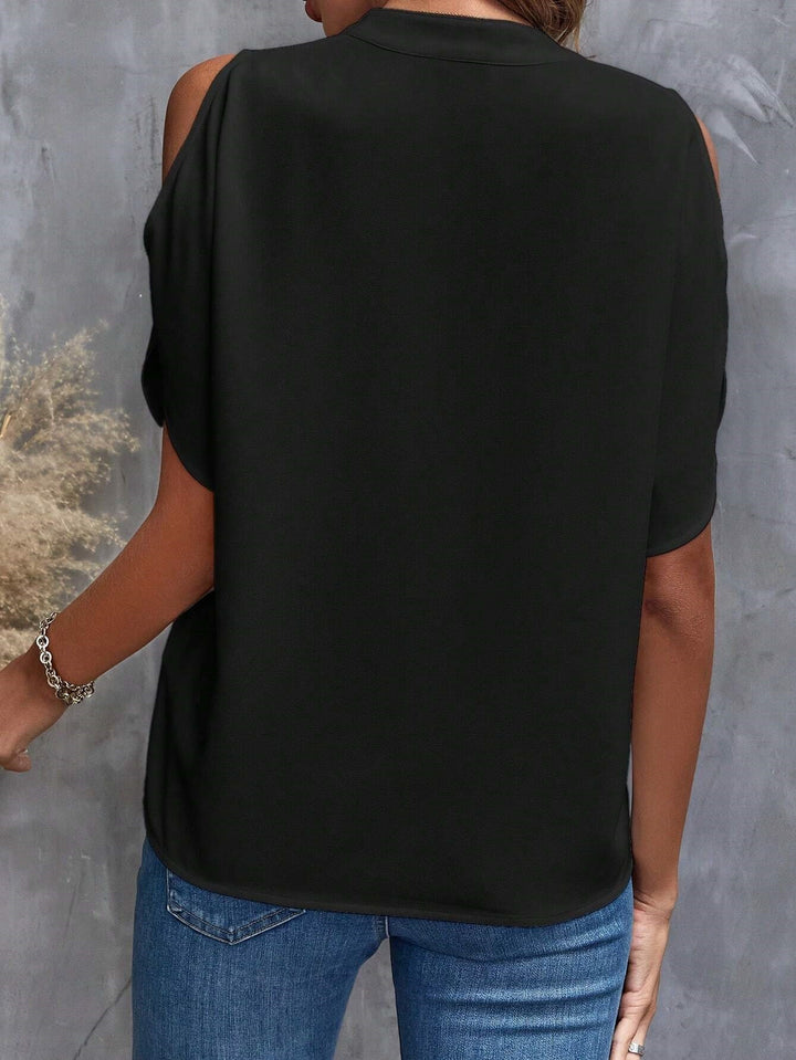 Black Mandarin Collar Cold Shoulder Top