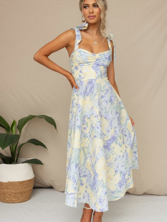 Blue Printed Bustier Tie Up Straps Dress