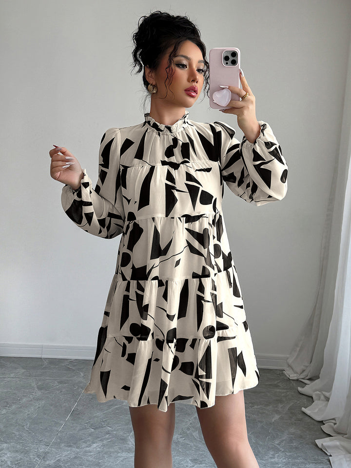 Cream High Neck Printed Skater Mini Dress