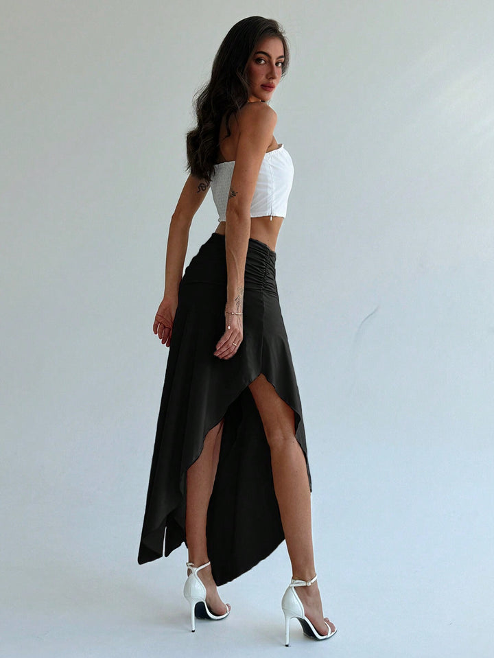 Black Waist Ruched Flared Skirt