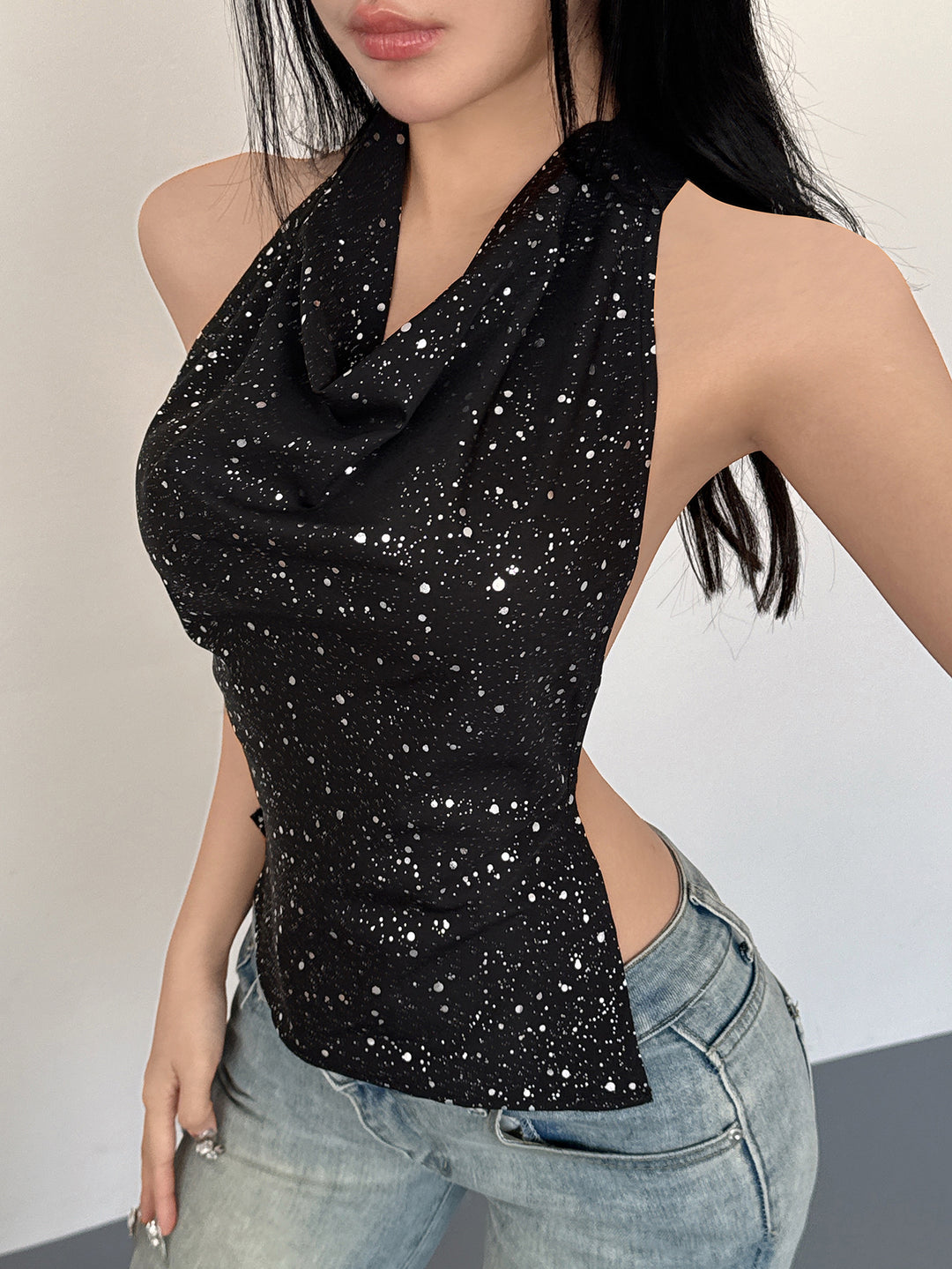 Black Shimmer Halter Neck Top