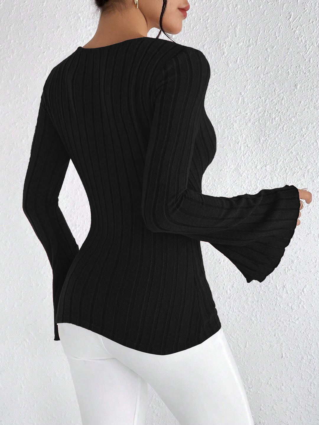 Black V-Neck Bell Sleeved Knit Top