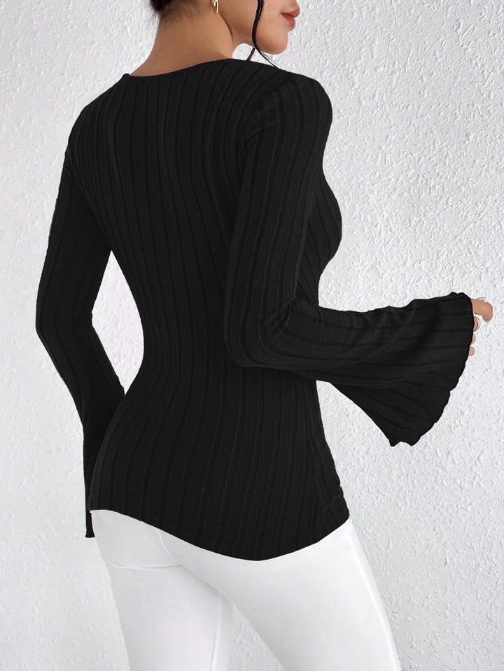 Black V-Neck Bell Sleeved Knit Top