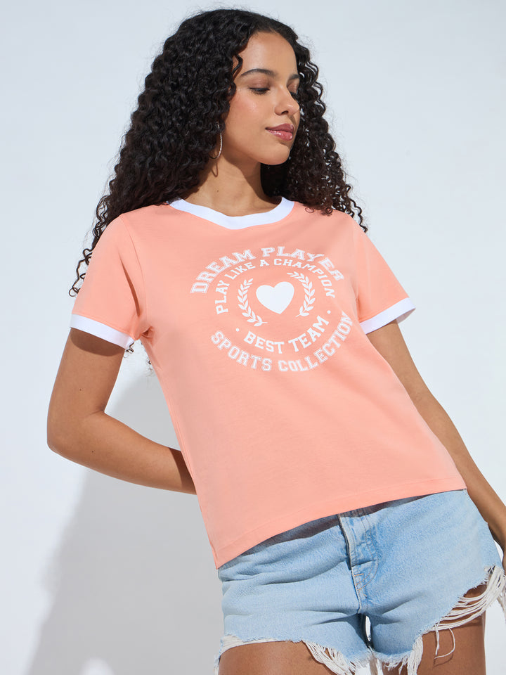Peach Graphic Printed Contrast Hem T-Shirt