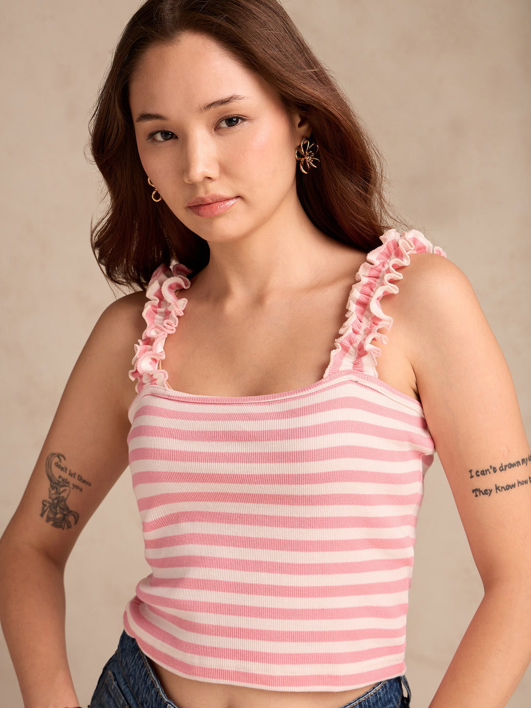 Pink Striped Rib Tank Top With Ruffle Straps