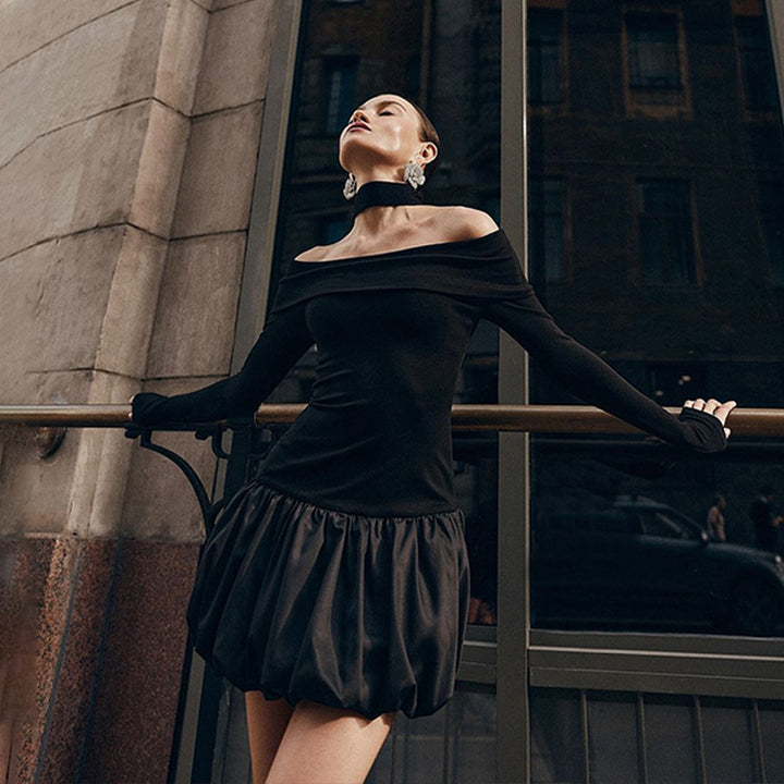 Black Off Shoulder Bubble Hem Dress