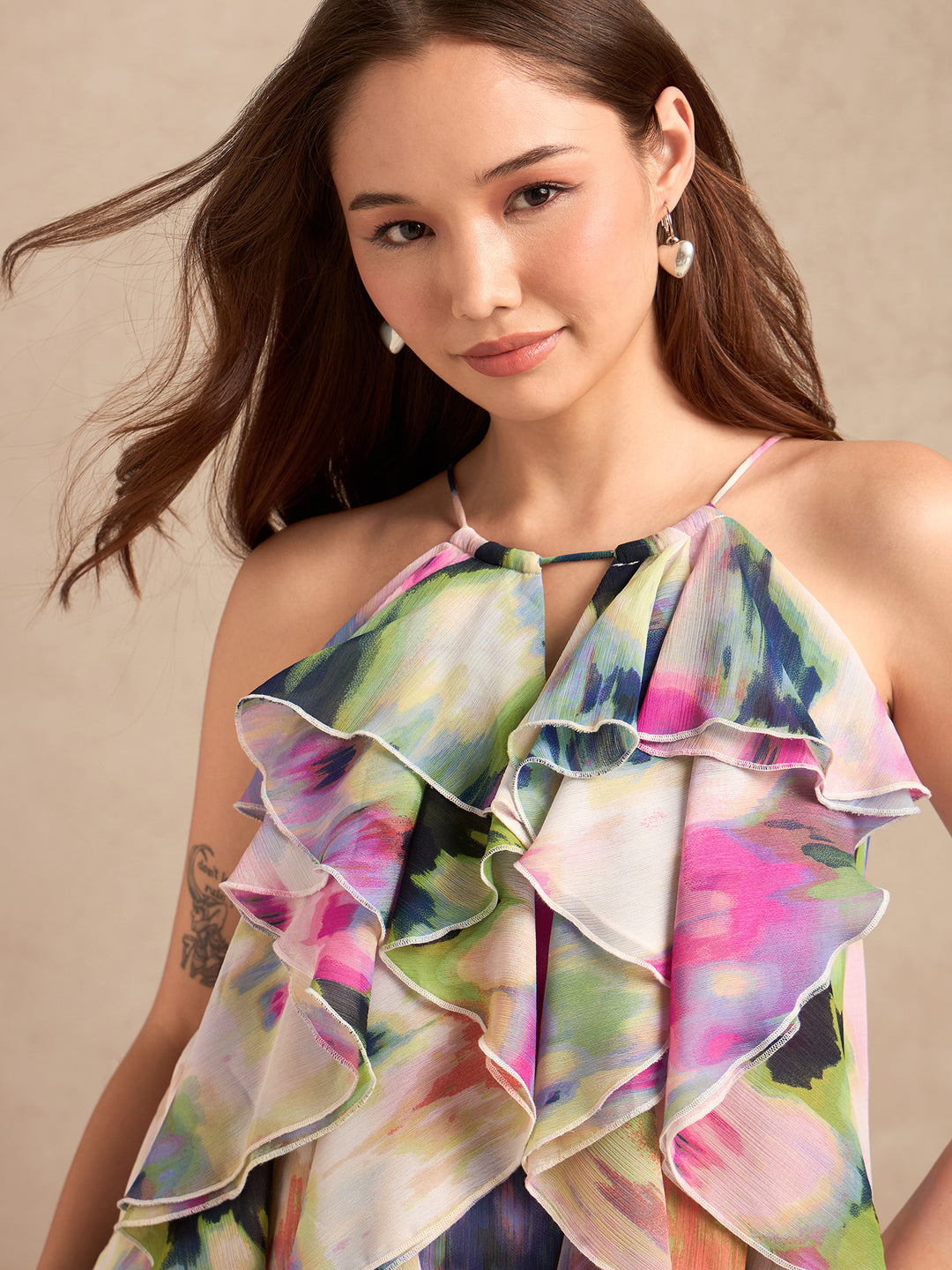 Pink Halter Neck Ruffles Flared Printed Top
