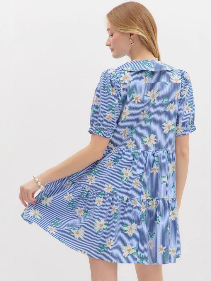 Blue Puff Sleeve Big Collared Dress