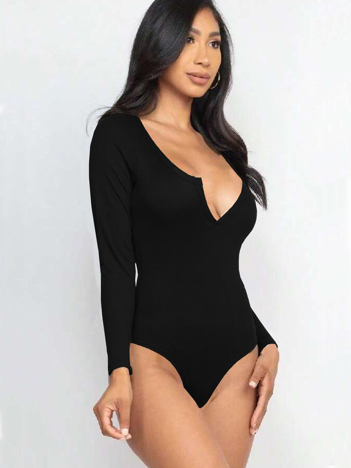 Black Full Sleeved Scoop V-Neck Bodysuit