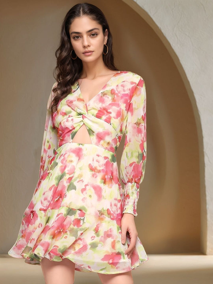 Multi Full Sleeve Floral Printed V Neck Waist Cut-Out Dress
