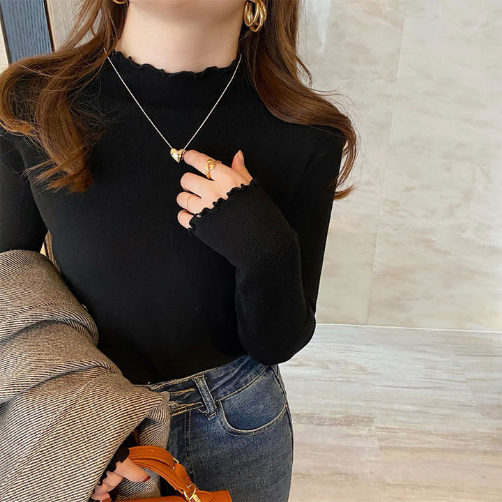 Black Full Sleeve Scallop Hem Mock Neck Fitted Top