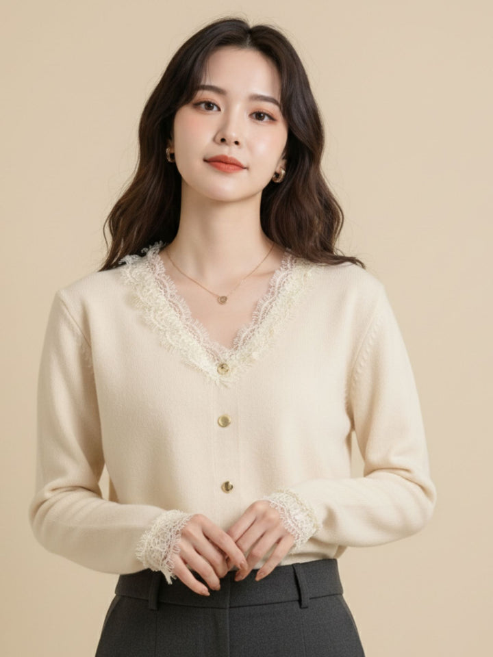 Off White Full Sleeve Lace Hem Buttoned Top