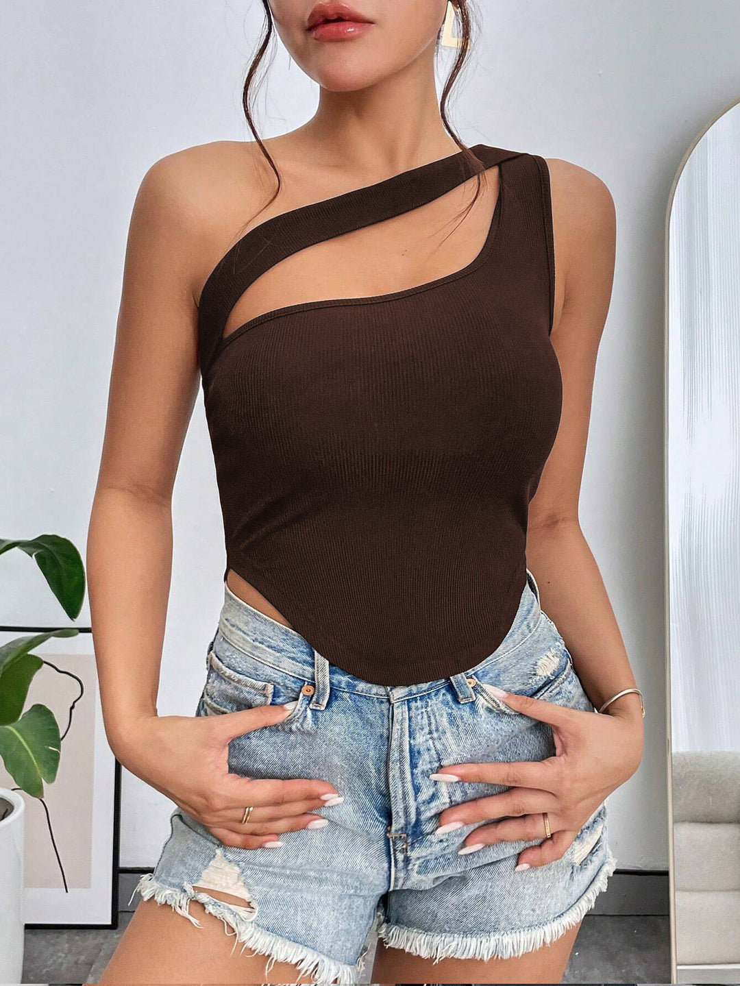 Brown One Off-Shoulder Cut-Out Top
