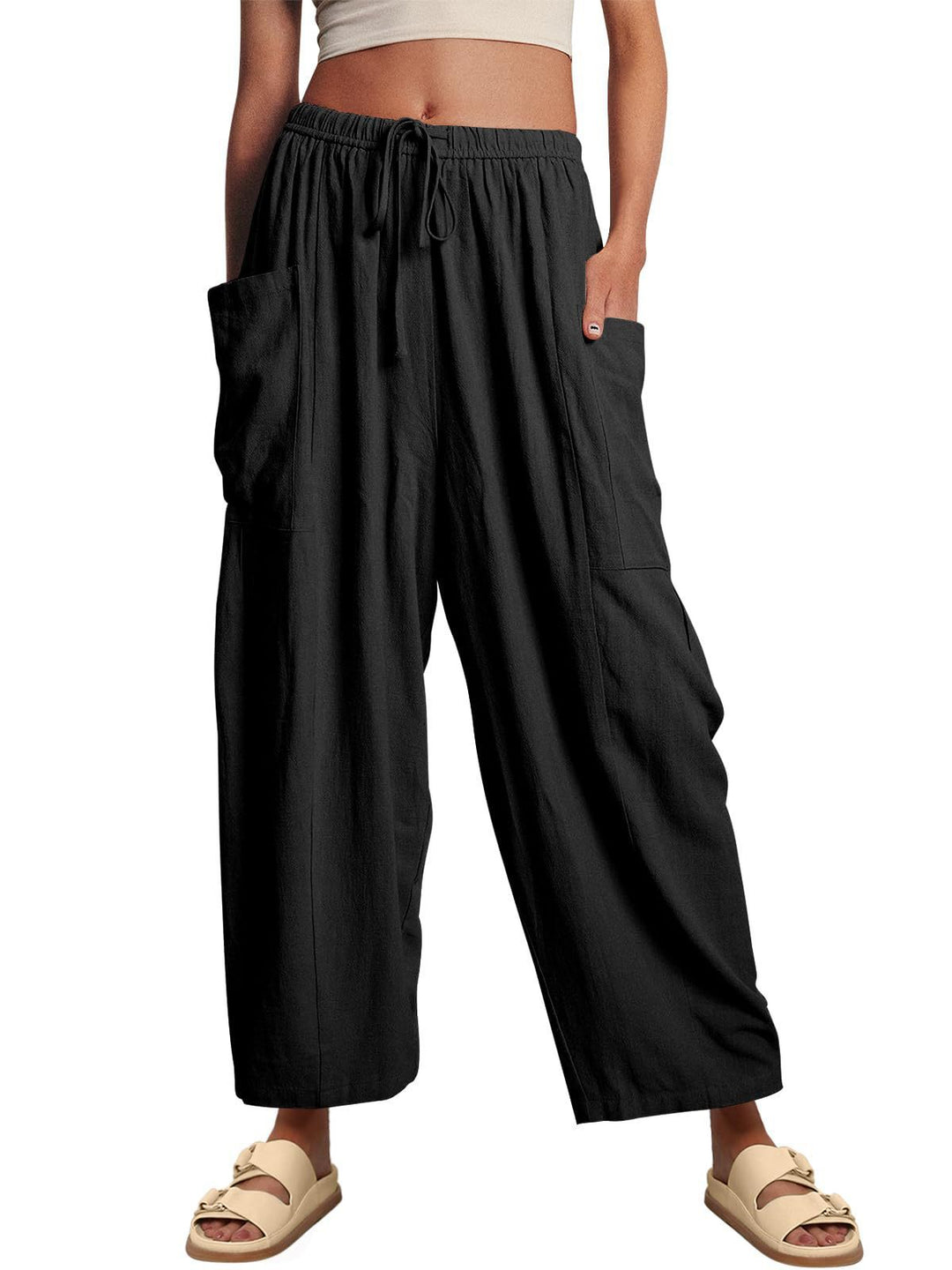 Black Wide Leg Casual Cargo Pants