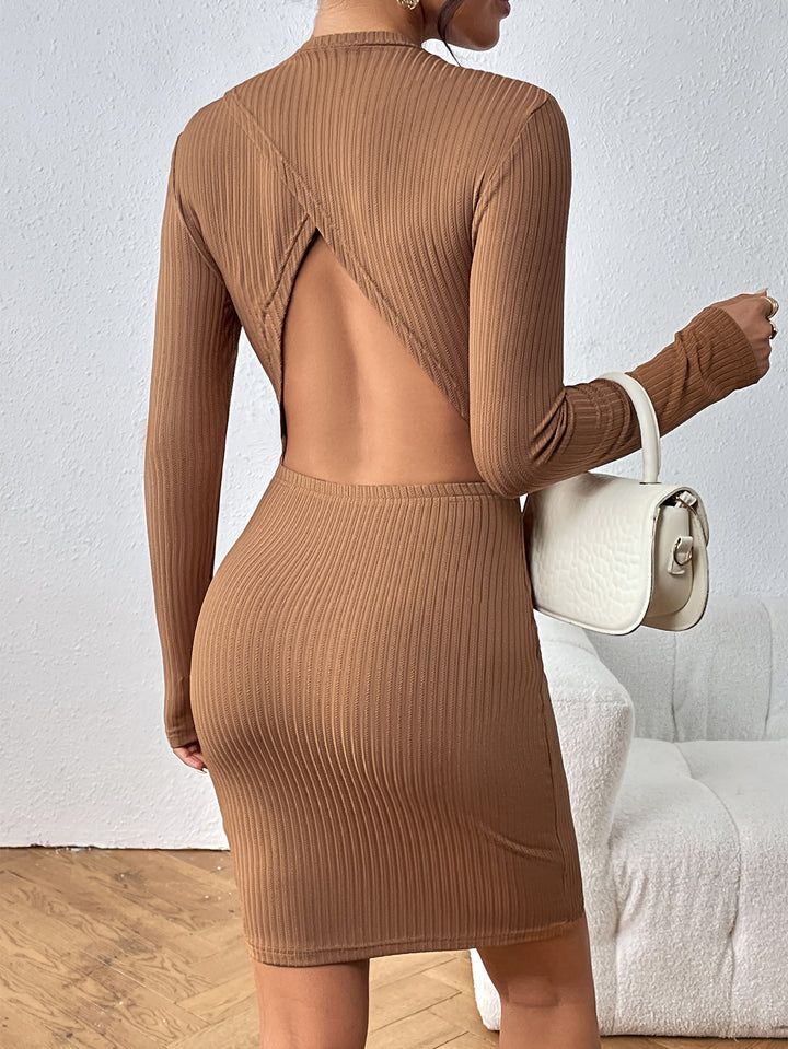 Brown Full Sleeve Back Cut-Out Detail Dress