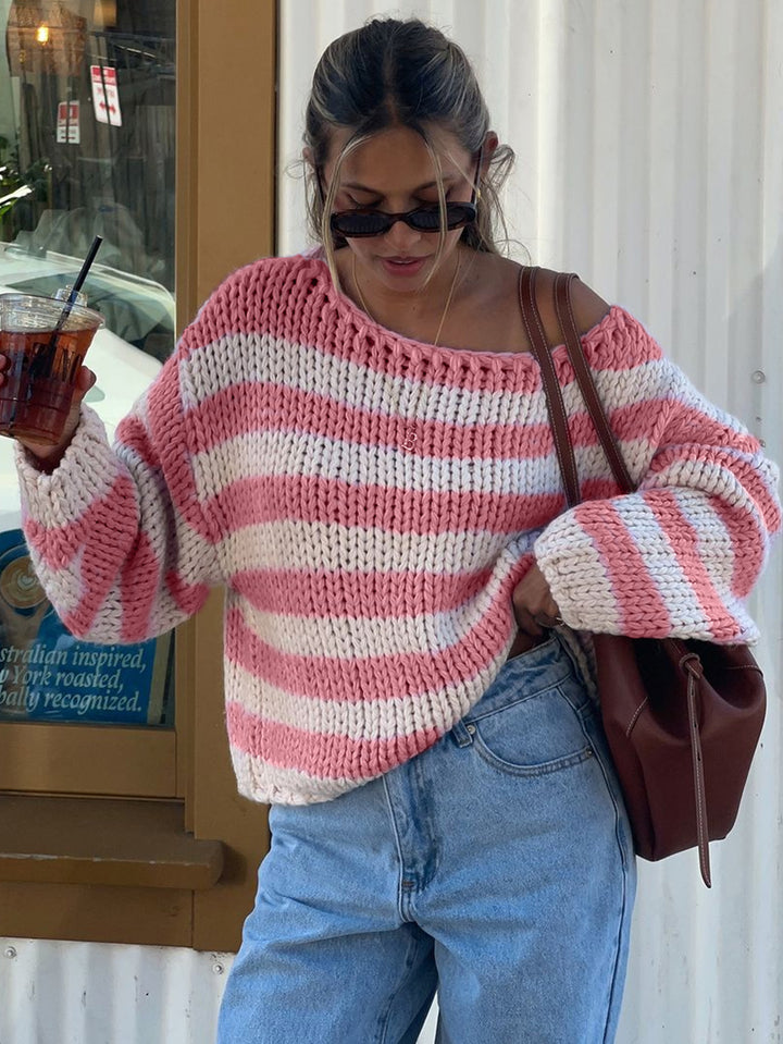 Pink Full Sleeve Striped One Shoulder Sweater